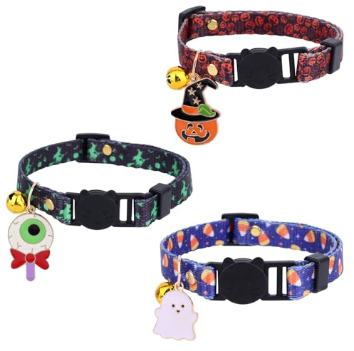 3pcs Halloween Cat Collars, Adjustable Breakaway Kitten Collar with Bell Cute Fall Halloween Holiday Kitty Pet Accessories for Male & Female Cats (Pumpkin, Ghost, Eyeball Charms)