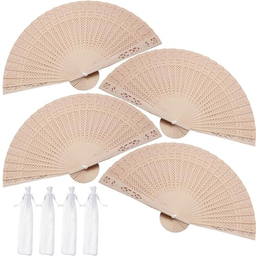 Nasxkji 4 Pcs Wooden Hand Fans Folding Hand Fans Vintage Honeycomb Fragrant Wooden Folding Fan with Organza Bags for Cooling DIY Decoration Wedding Party