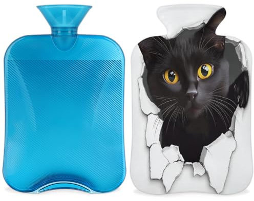 Entemne Wärmflasche, 2 l, schwarze Katze, Kunst, Wärmbeutel mit Bezug, wiederverwendbare Therapie-Tasche zur Schmerzlinderung, Menstruationskrämpfe, Muskelkater, Winterwärme, Geschenk
