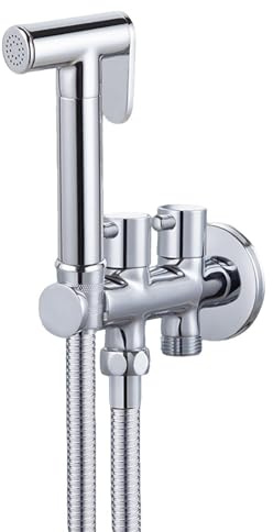 SXWYLZ Juego Grifo de Bidet en la Pared Juego de Pistola Rociadora para Bidé Incluye Pistola Rociadora, Válvula Angular de Doble Control y Manguera de Acero Inoxidable de 1,2m, Cromo