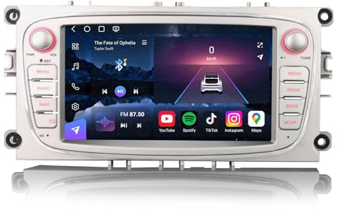 Erisin 7 Inch Qualcomm 8-Core 8GB+128GB Android 14 Car Stereo Bluetooth with Sat Nav for Ford Focus Mondeo S-Max C-Max Galaxy Head Unit Support GPS Wireless CarPlay Android Auto WiFi 4G DAB+ DSP DVR