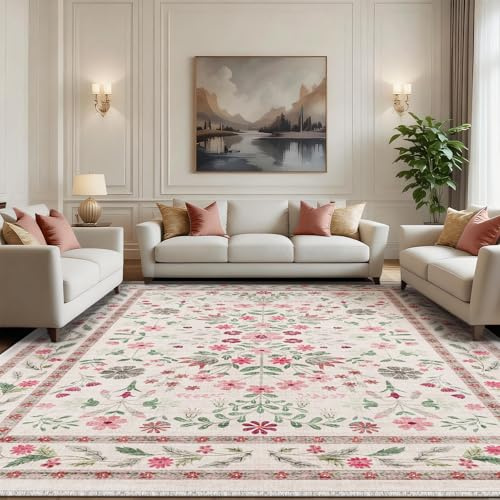 Rugs Living Room 120x180cm, Vintage Floral Rug, Washable Rug & Non-Slip Low Pile Carpet, Soft Boho Large Rugs, Garden Runner Rug for Bedroom, Kitchen, Entryway, Hallway, Dinning Room, Light Pink