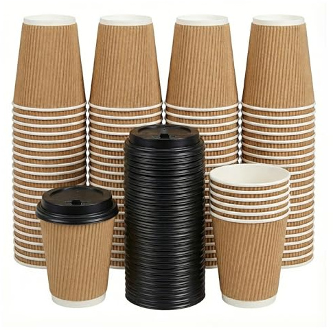 Disposable Takeaway Coffee Cups with Lids 12oz (Pack of 25) Recyclable Ripple Wall Coffee Cups for Hot & Cold Drinks | Heat Resistant, Leakproof & Eco-Friendly Paper Cups | Ideal for Office, Parties
