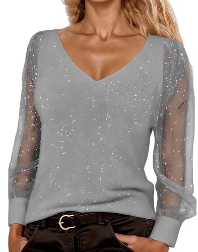 DFEK Pailletten Glitzer Oberteile Damen Bluse Elegant Sexy V-Ausschnitt Silvester Outfit Festliche Modern Casual Mit Oberteile Herbst Winter Langarm Tunika für Abend & Fest