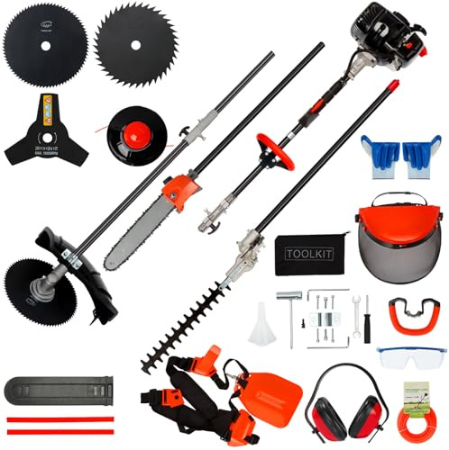 6-in-1 Gas Weed Wacker with Hedge Trimmer, 52CC 2-Stroke String Trimmer/Weed Trimmer/Brush Cutter/Edger, Weed Eater Gas Powered with Extension Pole – Weed Trimmer for Lawn & Garden Care, Orange