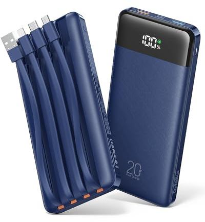 Orfeika Power Bank da 20000 mAh, PD 20 W, con funzione di ricarica rapida | 4 cavi integrati, 4 porte, display LED, adatto per aerei, batteria per iPhone/Samsung/iPad/iPods/Android e altro ancora