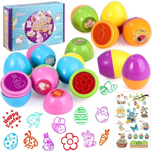 12 paquetes de regalo para niños de Pascua con sellos de pulgadas para niños, cesta de huevos de pascua, sello de tinta surtida para intercambio de aulas y suministros de precios
