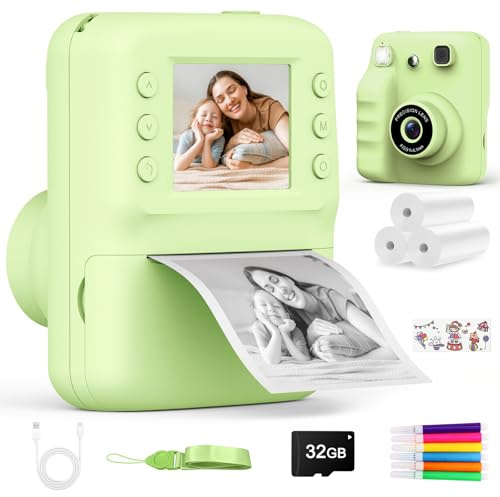 Kinderkamera Sofortbildkamera, Geschenk für Mädchen Jungen von 3–12 Jahren | 2.4 Bildschirm,1080p-Video, 32GB Karte, Musik, Selfie & 5 Spiele, 3 Rollen Druckpapier, Weihnachts-/Geburtstagsgeschenk
