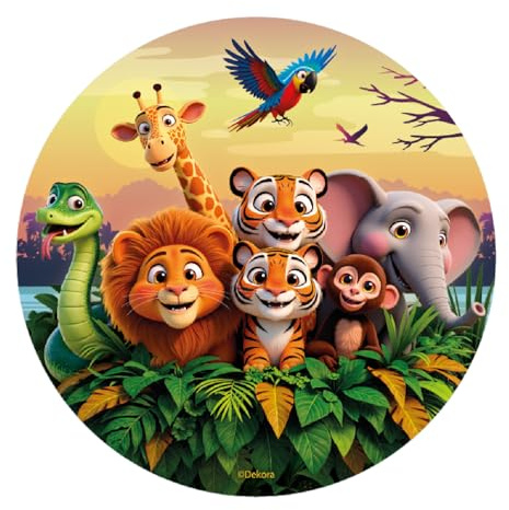 Dekora, Cialda per Torta Animali della Giungla, Disco Commestibile in Ostia per Bambini, Decorazione per Torte di Compleanno, Tema Safari e Foresta, Facile da Usare, Senza Glutine, Diametro 20 cm