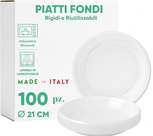 Generico Piatti Fondi di Plastica Rigidi Riutilizzabili 21 cm – 100 Pezzi, Idonei Microonde e Lavastoviglie, Made in Italy