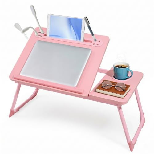 Warmiehomy Laptop Table with USB Ports, Small Fan and Light, Pink | Adjustable Bed Table with Cup Holder&Tablet Slot&Pen Slots. Laptop Desk with Legs on Bed or Sofa for Working/Reading.