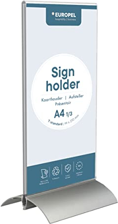 EUROPEL Tischaufsteller, L-Ständer, DIN 1/3 A4 Hoch, Aluminium Acryl, Speisekarten- & Prospektständer für Restaurants, Hotels, Konferenz & Rezeption Freistehend & leichte Schräglage