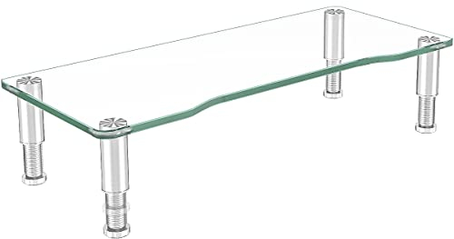 Computer Monitor Stand Riser with Height Adjustable 56cm x 24cm Multi Media Desktop Stand for PC Computer Monitor | Laptop and TV Clear Glass