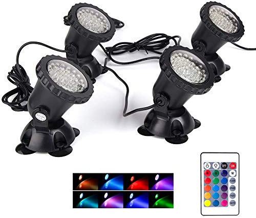 SHOYO Pond Lights, Color Changing Spotlights with Timer, Submersible Fountain Lights Memory Dim Adjustable IP68 Waterproof Underwater RGB for Outdoor Garden Yard Lawn Water Pond Fountain, 4 in Set