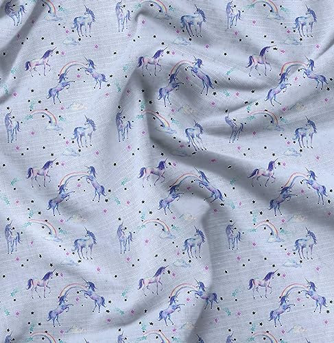 Soimoi Blau Baumwolljersey Stoff Einhorn & Regenbogen Natur Dekor Stoff gedruckt 1 Meter 58 Zoll breit