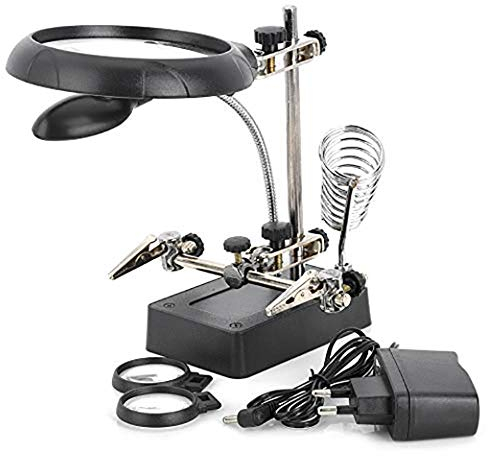 EUROXANTY Lupe mit 5 LEDs zum Löten, 3 Linsen, 2,5 mm, 7,5 mm, 10 mm, Krokodilklemme, Halterung für Lötkolben