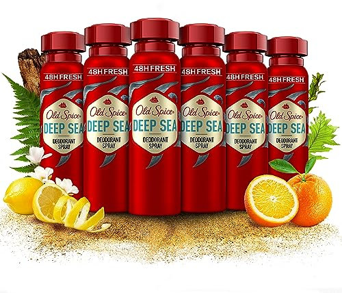 Old Spice Deep Sea Deodorant Body Spray For Men 150 ml, 48H Fresh, 0 Percent Aluminium Salts, Anti-White Marks and Yellow Stains x6