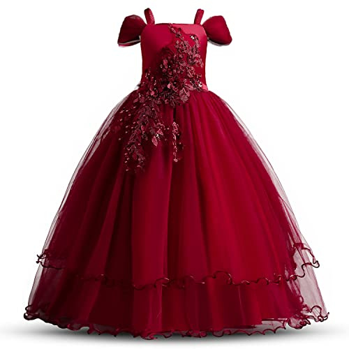 TTYAOVO Girls Pageant Princess Flower Dress Kids Prom Puffy Tulle Ball Gowns (Red, 7-8/130 Years)