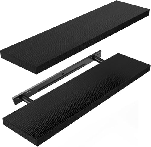 AMADA HOMEFURNISHING Floating Shelves Wall Mounted, 24 x 7 Inch Wall Shelves for Bathroom, Bedroom, Living Room, Black Shelves Set of 2 - AMFS05