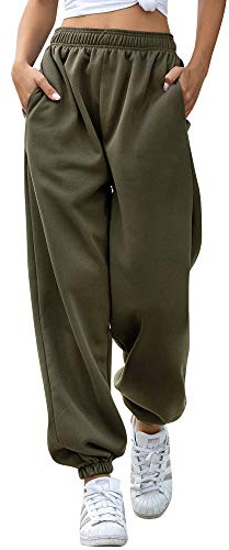 Nuofengkudu Women's Plain Baggy Fleece Tracksuit Bottoms Warm Harem Joggers Pants with Pockets Elastic Waist Thermals Tapered Leg Sweatpants Running Workout Casual Lounge Wear(F-Green,XL)