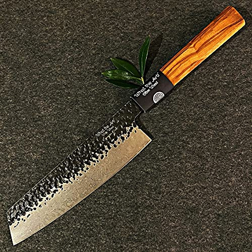 What the Art!® Olive Wood «Kiritsuke» | Japanisches Küchenmesser | Damaststahl Kochmesser mit Olivenholzgriff | Handarbeit | 34 cm | Filetiermesser - Filiermesser - Damastmesser - Profimesser
