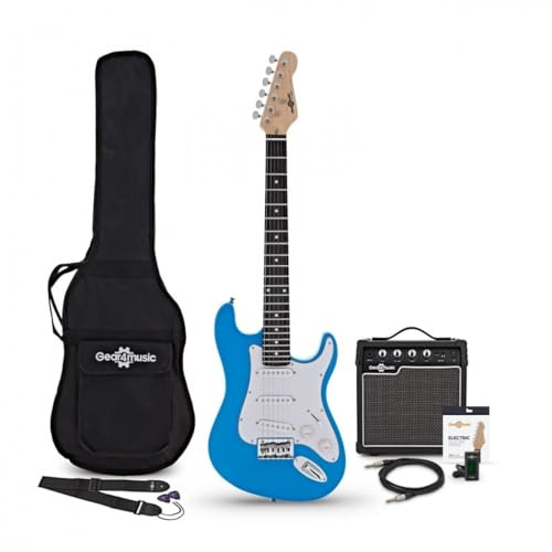 Chitarra Elettrica 3/4 LA Blu con Ampli 10W e Borsa | Per giovani musicisti, manico comodo in acero, ampli 10W con boost overdrive ed EQ