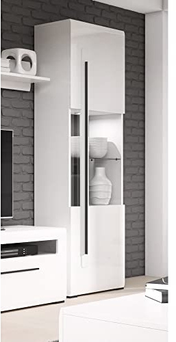Lomadox Vitrinenschrank weiß Hochglanz mit LED Beleuchtung und Absetzungen in schwarz, B/H/T: ca. 60/204/39 cm