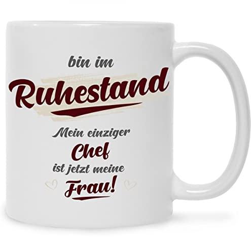 GRAVURZEILE Bedruckte Tasse mit Spruch - Bin im Ruhestand - Geschenkidee zum Rentenbeginn für Oma & Opa - Geschenke für Rentner - Abschiedsgeschenk für Kollegen im Ruhestand - Farbe: Weiß