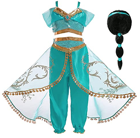 Eleasica Kinder Prinzessin Jasmin Kleid Mädchen Aladdin Kostüm Top Hose Verkleidung Geburtstagsgeschenk Weihnachten Fasching Halloween Tanzen Arabisch Cosplay,Perücke,150