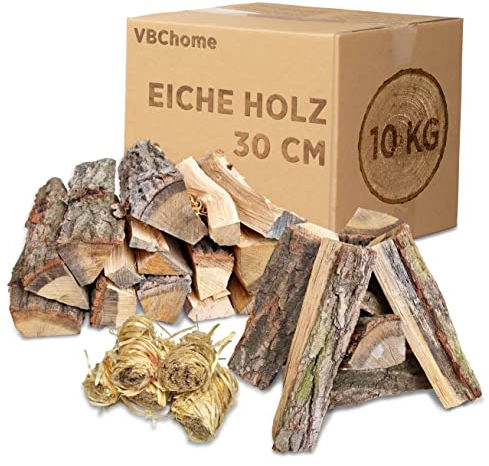 VBChome Brennholz 10 kg Eiche 30cm Getrocknetes Kaminholz für Lagerfeuer, Ofen, Kaminöfen, Grill - Feuerholz Auswahl 10-500 kg Natürlich Sofort Einsatzbereit
