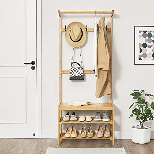 [en.casa] Garderobenständer Tornio Kleiderständer mit 2 Ablagefächern und Haken 168 x 70 x 35 cm zur Kleideraufbewahrung für Schlafzimmer Flur Wohnzimmer aus Bambus Natur