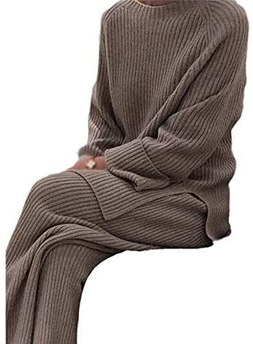 Sawmew Lässiges Strick Zweiteiler Set für Damen, Damen Herbst Winter Strickkleidung Setzt Lose Pullover + Hosen mit Weitem Bein, Festes Strickhosen Set (Color : Brown A, Size : 3XL)