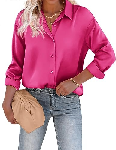 Beyove Blusa de mujer de satén de seda con cuello en V, elegante, mangas largas, para negocios, blusa con botones, manga larga holgada, rosa oscuro, S