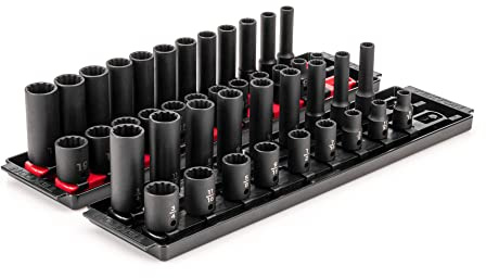 TEKTON 3/8 Inch Drive 12-Point Impact Socket Set with Rails and Trays, 42-Piece (5/16-3/4 in., 8-19 mm) | SID91217 | (5/16 - 3/4 in., 8 - 19 mm), Shallow and Deep, 12-Point, Socket Rail