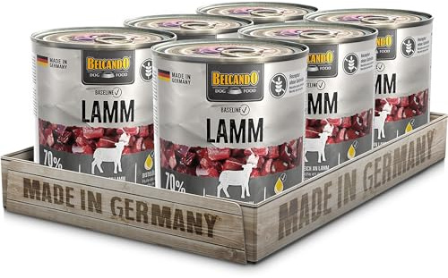 BELCANDO Baseline Nassfutter für Hunde, Lamm, 6X 800g Dose, 70% Fleisch für ausgewachsene Hunde, Hundefutter nass ohne Getreide, Made in Germany