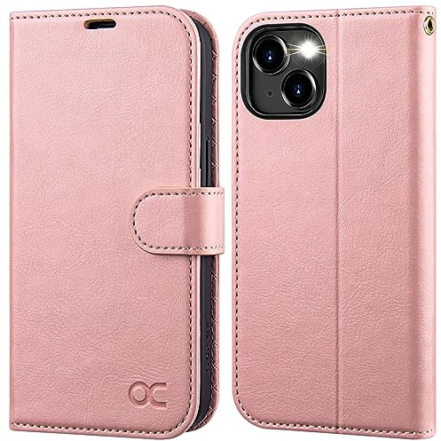 OCASE Portafoglio Cover per iPhone 15 Plus (6,7 Pollici) Rosa | Custodia a Ribalta, Portafoglio in Pelle PU, Blocco RFID, 3 Slot per Carte, Supporto Integrato, Protezione Antishock