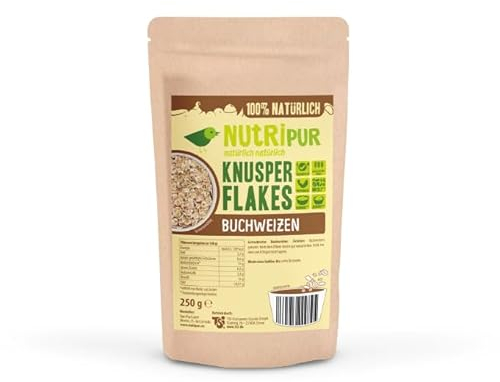 NutriPur Knusperflakes Buchweizen - Buchweizenflocken | gesunde Ceralien - High Protein Ergänzung, Topping für Salate, Suppen & Müsli - Proteinquelle, Ballaststoffquelle - 250g