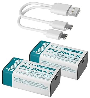 Rechargeable 9V Batteries Li-Ion 6F22 Lithium ion Battery via Type C USB Charging Cable|High-Capacity 1200mAh|Fast Charging| Eco-Friendly |Durable | Portable | Reliable Power (2 Pcs)