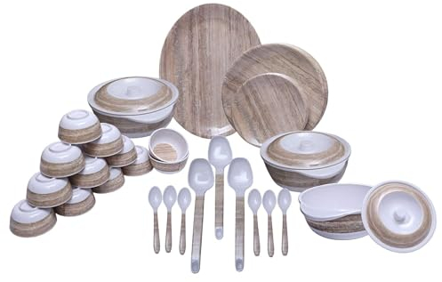 Vajilla redonda de melamina de 40 piezas, juego de vajilla estampada para cocina, blanco y madera