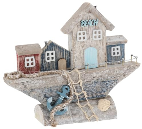 Shudehill Giftware Sandy Bay Standing Beach House Ornament Decoration - Beach Rustic Themed Design with Lighthouse, Anchor, Log House and More (Boat Street)