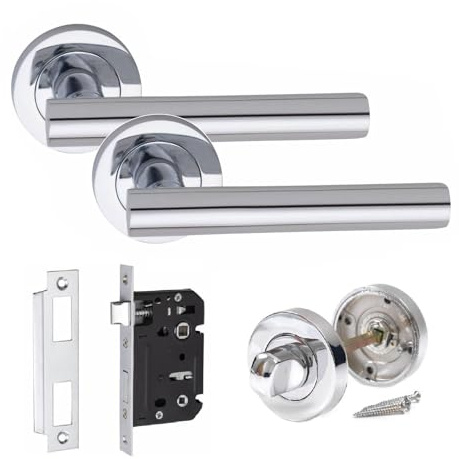 Golden Grace Straight T-Bar Door Handle Set, Polished Chrome | Includes mortise lock and thumbturn on a rose base, built from durable metal to withstand high humidity.