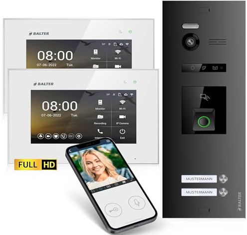 Balter EVO-HD Video Türsprechanlage mit Fingerprint, Video Türklingel, Smartphone App, 2 Familienhaus, 2X 7 Zoll Monitore, Türklingel mit Kamera Full HD, 2 Draht Bus, 175° Weitwinkel, RFID,1080P