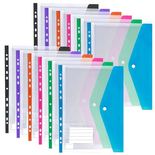 Dokumententasche A4 Abheften, 12 Stück Erweiterbare Mappen Ordnersystem, 11 Lochrand Dokumentenmappe A4 mit Druckknopf und Etikettentasche, Wasserdichte Mappen Organizer