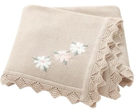 LAWKUL Babydecke 100% Nachvollziehbar Baumwolle Weich Gestrickt Babydecken Blumen für Neugeborene Jungen Mädchen 100x80cm Khaki