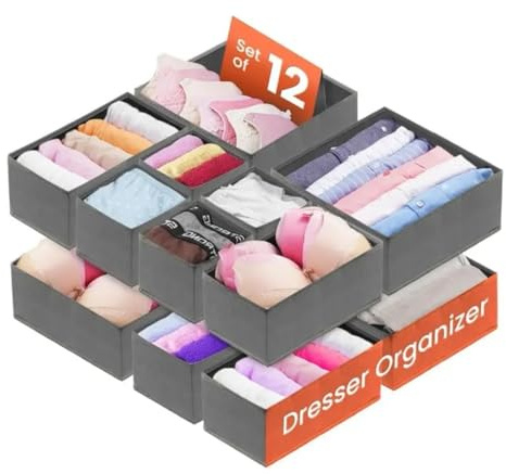 ZiaWorld 12 Pack Drawer Organisers Foldable Storage Box Fabric Drawer Dividers Wardrobe Storage Organiser Storage Cubes for Bras, Socks, Underwear, Ties, Scarves, Cosmetics