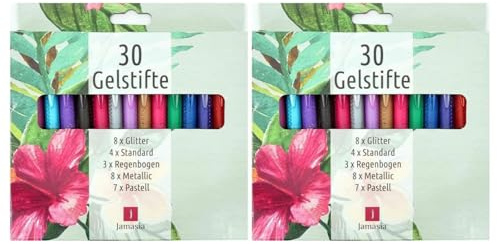 TerCasa 998701-1 Gelstifte, 2 x 30er Set, 2 Etuis mit je 30 Gelschreibern mit Glitter, Regenbogen, Metallic, Standard und Pastell Farbeffekten, 60 Gelmalstifte für softes Schreiben und Zeichnen