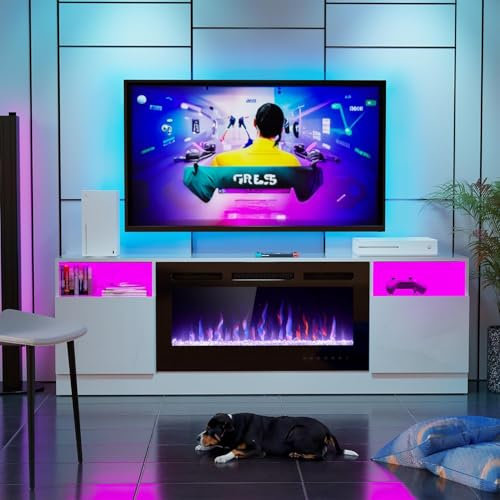 Meuble TV avec insert de feu électrique Console TV avec cheminée électrique, for le salon, lumière LED, Center de divertissement, armoire de rangement, Table multimédia Centre de divertissement avec c