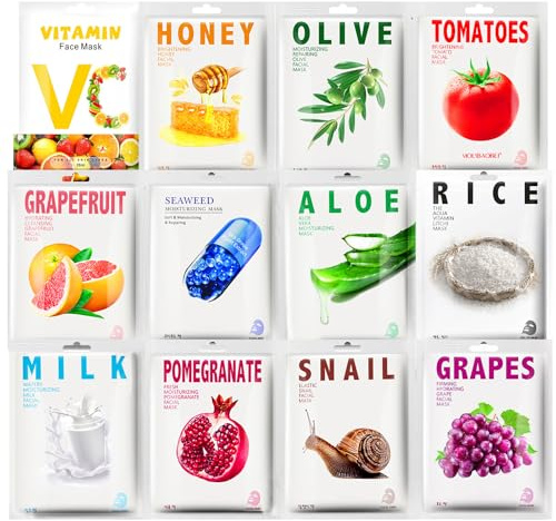 12 pcs Daily Care Face Sheet Mask, Moisturising Sheet Face Mask,Face Masks care, Hydrating, Moisturizing,Soothing Face Masks, Hydrating Face Mask for most Skin Type