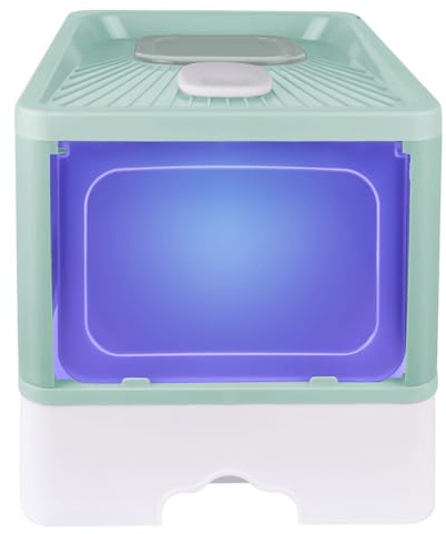 Bandeja de arena grande para gatos y conejos, bandeja de arena para gatos, esterilizada UV, cajón + lámpara UV + pala de arena para gatos (C, 48 x 37 x 38 cm, verde)
