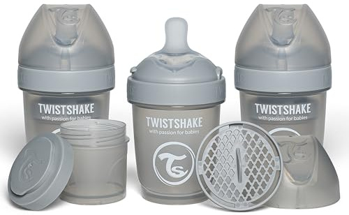 Twistshake 3x Pro Double Anti-Kolik Babyflasche mit Milchpulverbehälter und Mixer - 180 ml | Langsam Fließende, Brustähnliche Brustwarze aus Silikon | BPA-freie | Geeignet für Neugeborene (0+) | Grau